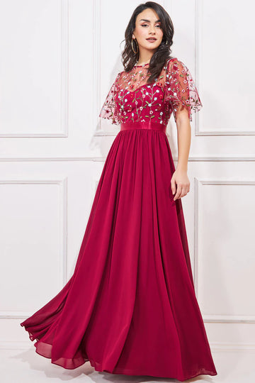 Embroidered Top Flutter Sleeve Maxi Goddiva